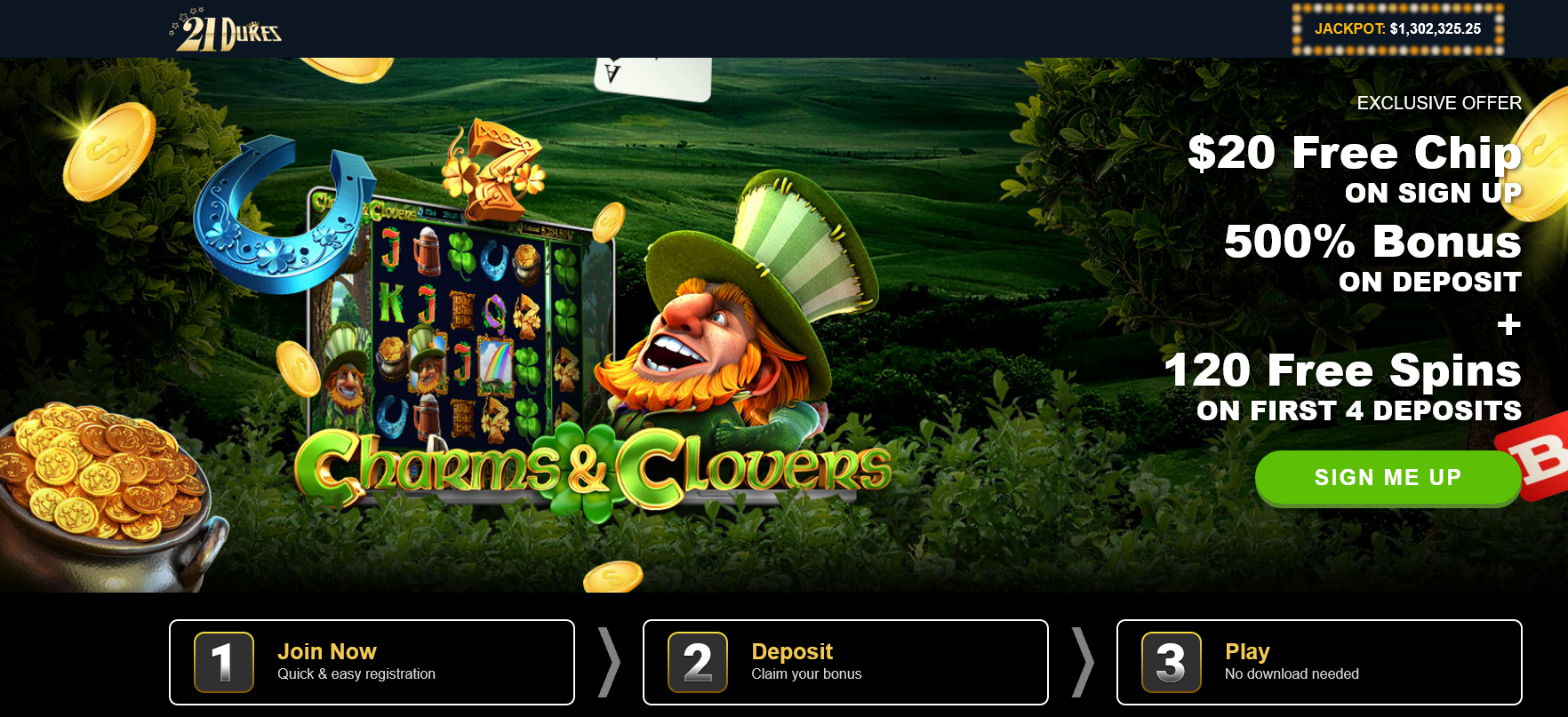 $20 Free Chip ON SIGN UP 500% Bonus ON DEPOSIT + 120 Free Spins ON FIRST 4 DEPOSITS